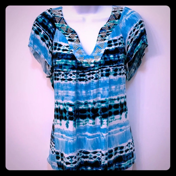 AB Studio Blue, Aqua, Green, Black and White Flutter Sleeve Top - size Small - Picture 7 of 11